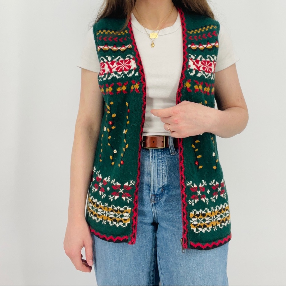 SOLD vintage fair isle cottagecore zip up sweater vest ramie cotton blend M - Picture 3 of 7